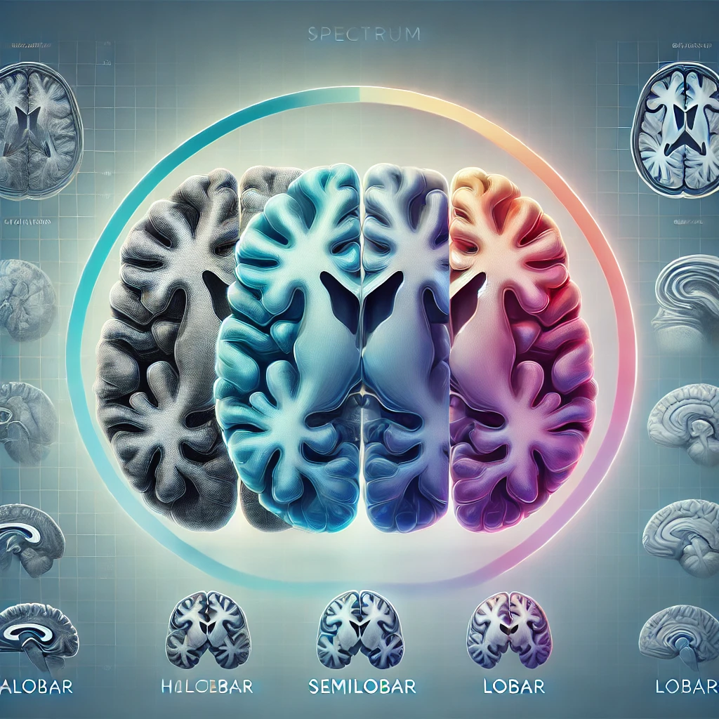 DALL·E 2024 09 11 10.09.08 A stylized medical illustration of the spectrum of holoprosencephaly showing three main types alobar semilobar and lobar with a gradient of sever