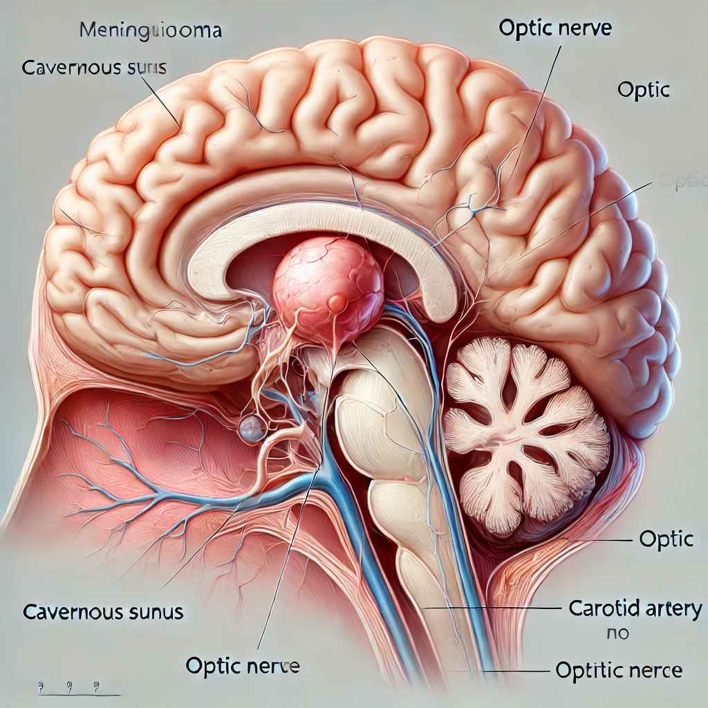 DALL·E 2024 09 16 12.09.47 A detailed medical illustration showing a meningioma located in the region of the cavernous sinus SC and optic nerve NO. The meningioma appears as