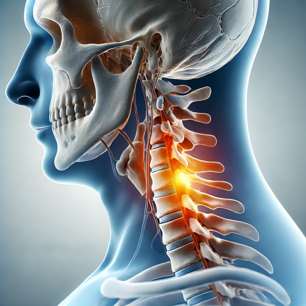 skychallenge 37 DALL·E 2025 01 13 10.18.31 A realistic medical illustration of the cervical spine affected by spondylotic myelopathy. The image should feature a clear 3D cross sectional view of