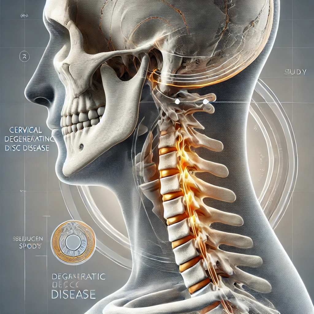 skychallenge 35 DALL·E 2025 01 27 14.28.35 A visually engaging and professional medical illustration of cervical degenerative disc disease focusing on a side profile of the cervical spine. The