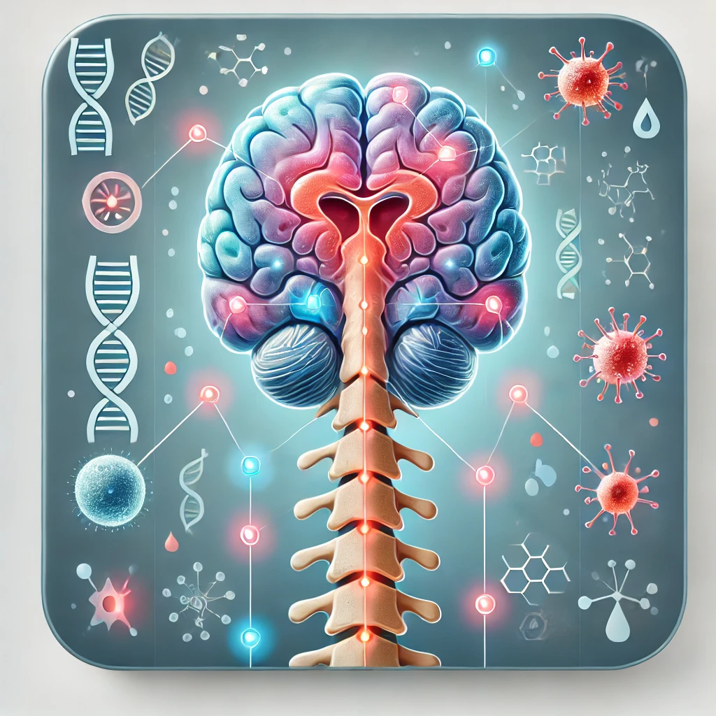 DALL·E 2025 06 26 15.34.07 A medical themed square format image illustrating autoimmune myelitis patterns with no visible text or writing. The scene includes a stylized human s